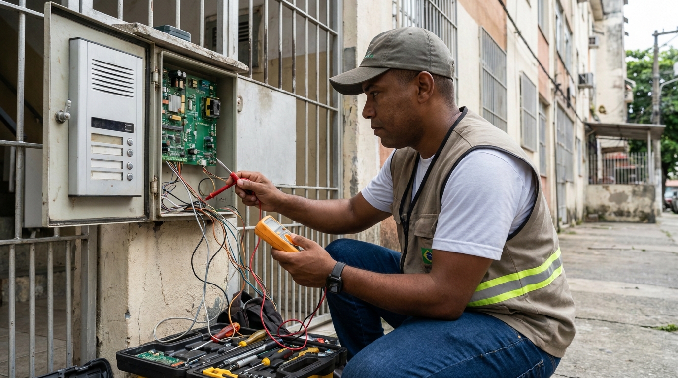 Eletricista consertando interfone em Ribeirão Preto‑SP