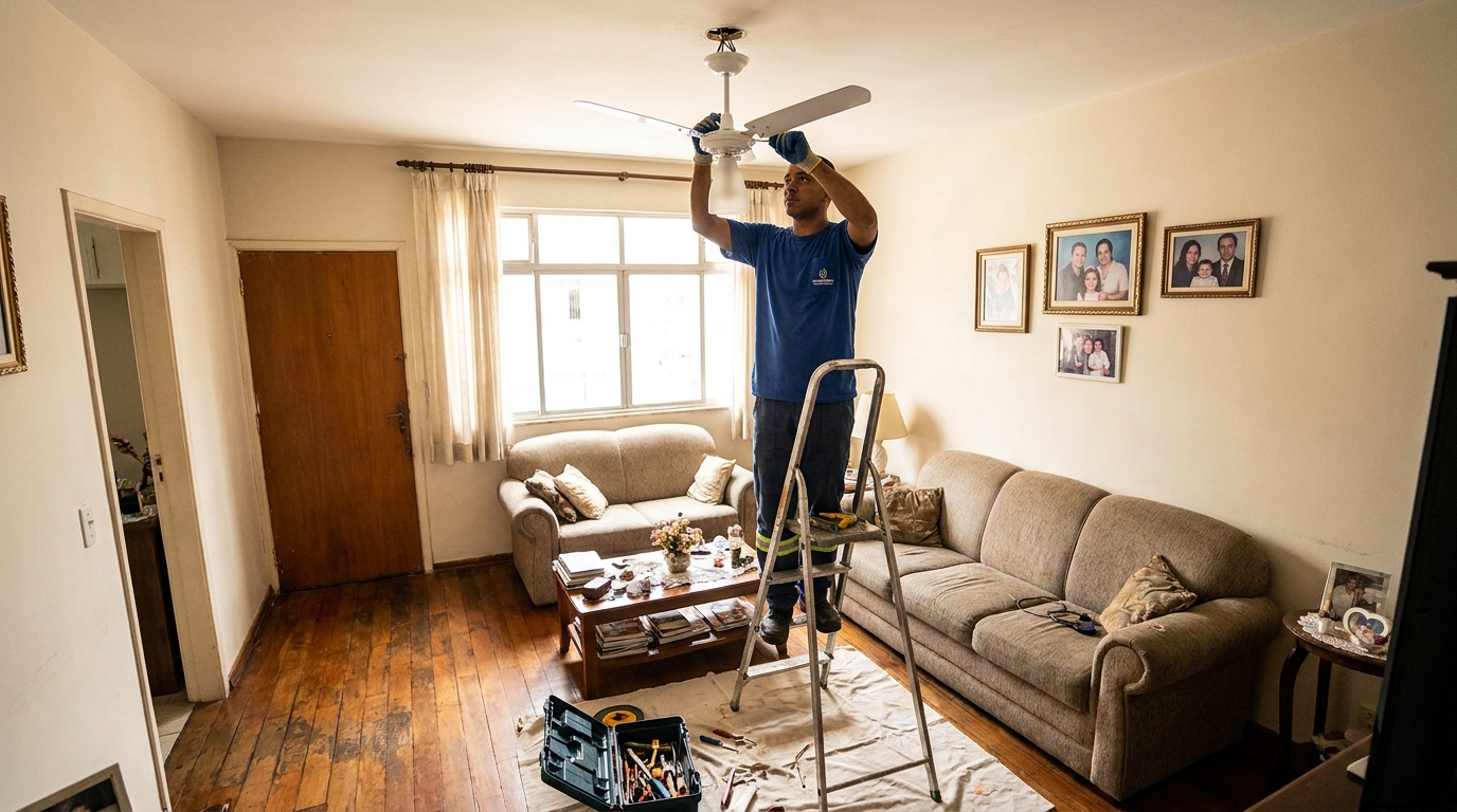 Eletricista instalando ventilador de teto em Ribeirão Preto‑SP